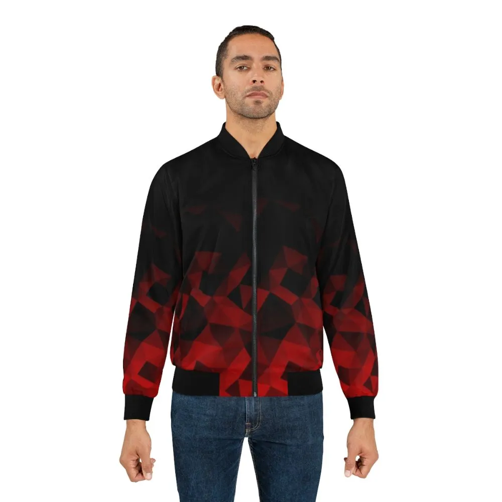 Abstract Polygonal Pattern Bomber Jacket in Red and Black