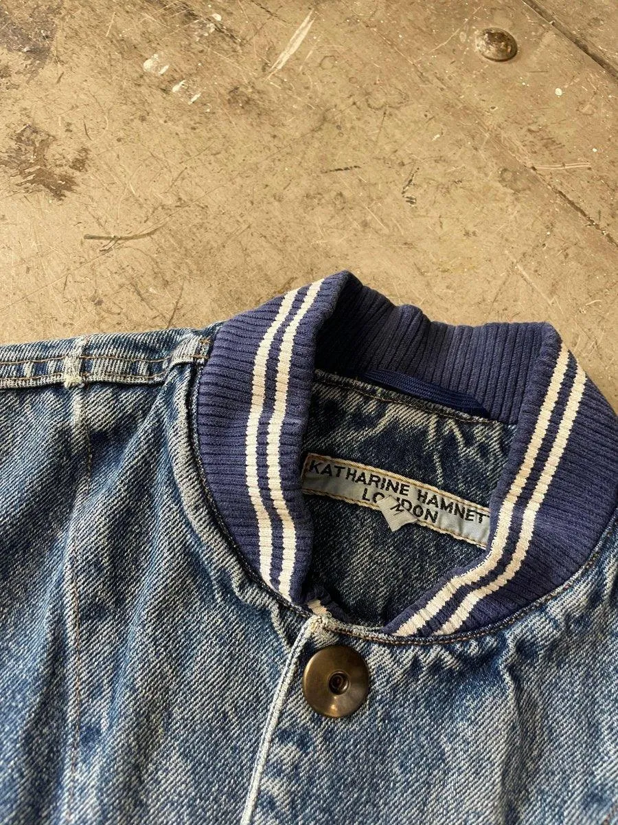 (L) Katharine Hamnett 1980s Distressed Multipocket Denim Bomber Jacket