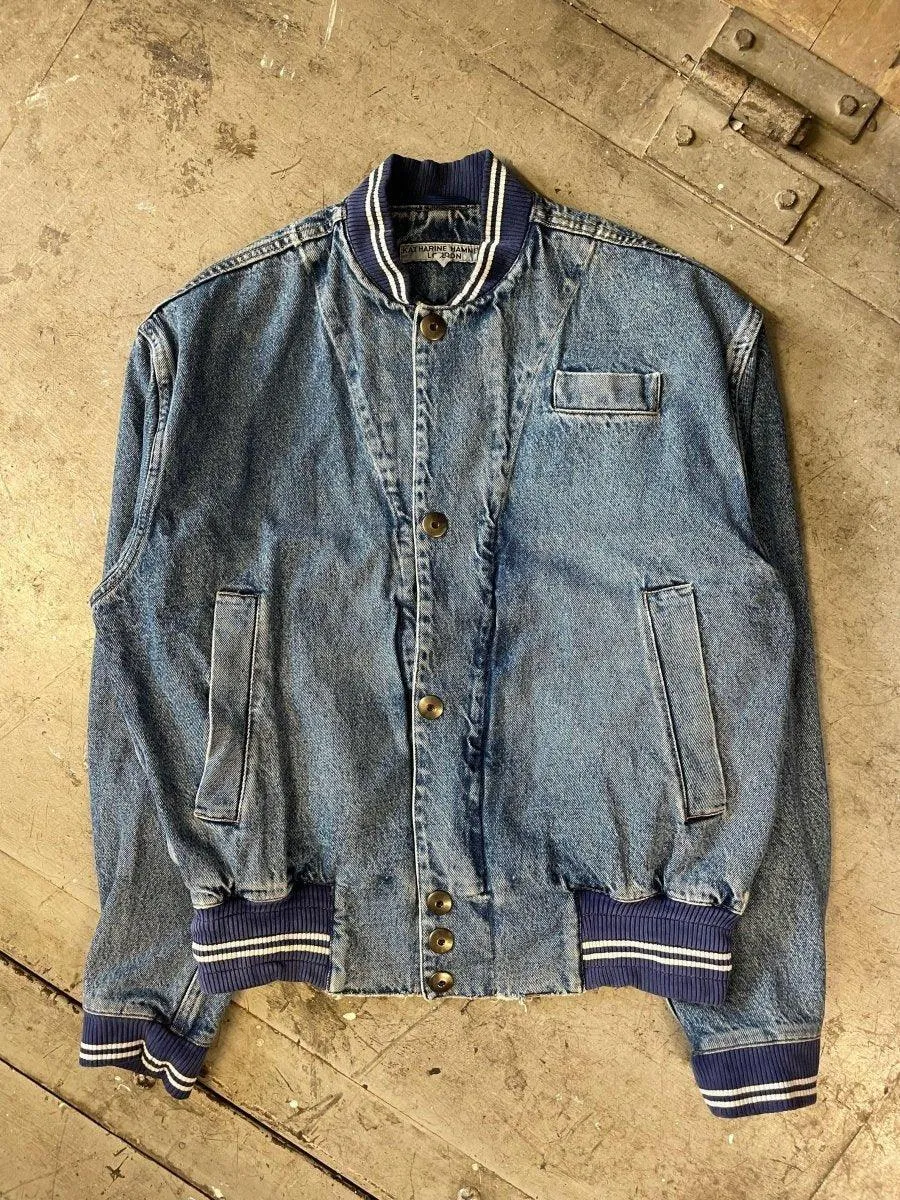 (L) Katharine Hamnett 1980s Distressed Multipocket Denim Bomber Jacket