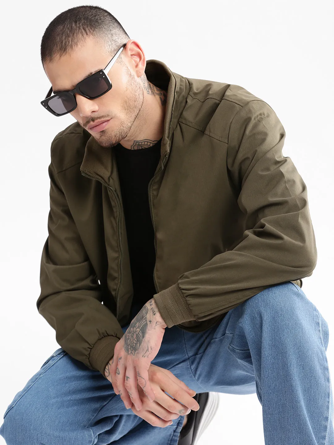 Men Mock Collar Olive Solid Bomber Jacket