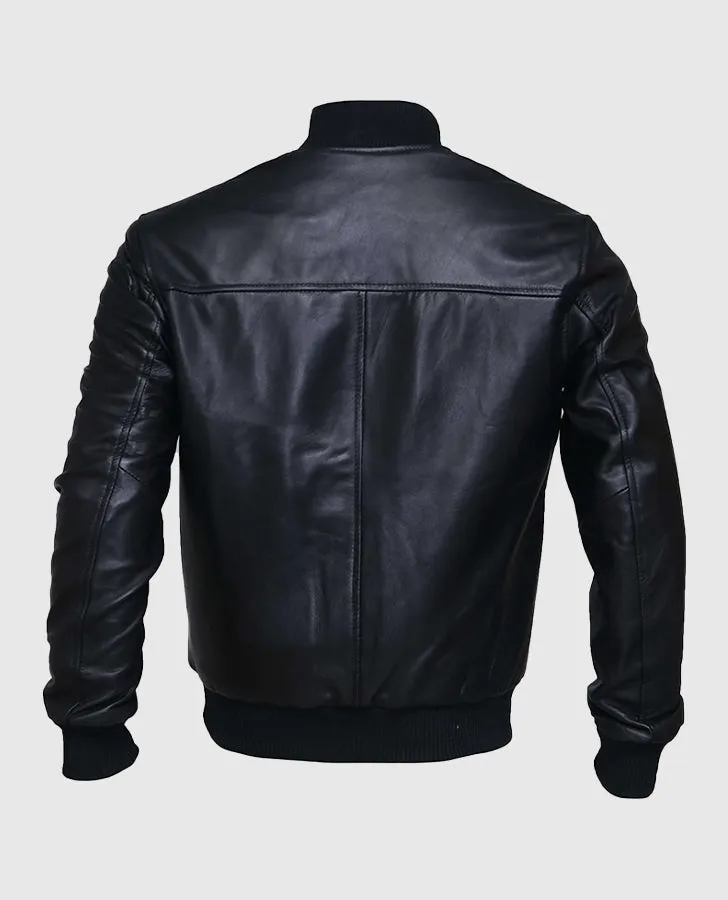 Men's Black Sheepskin Leather Varsity Bomber Jacket