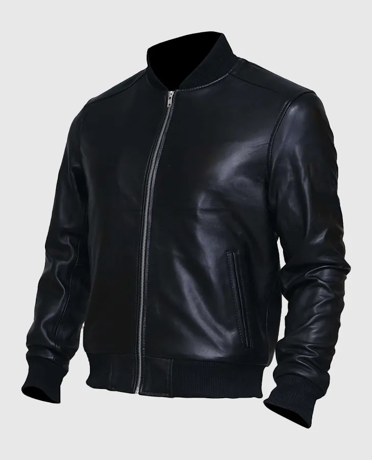 Men's Black Sheepskin Leather Varsity Bomber Jacket
