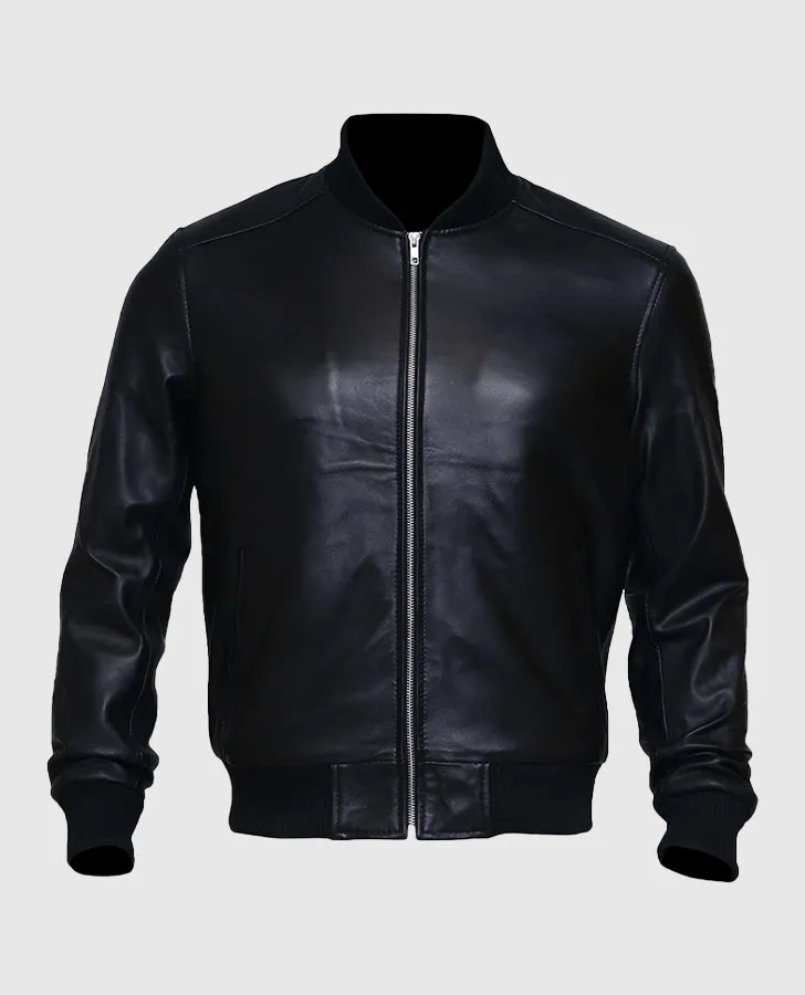 Men's Black Sheepskin Leather Varsity Bomber Jacket