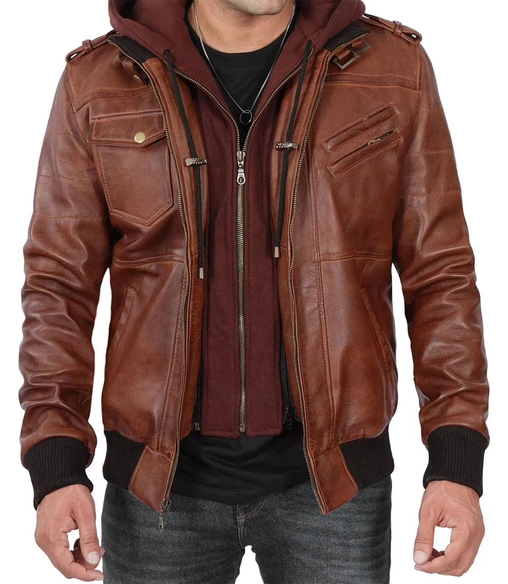 Mens Brown Leather Hooded Biker Jacket