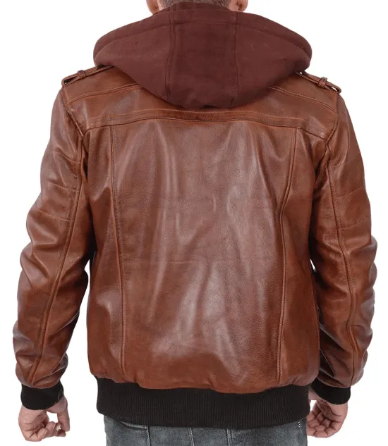 Mens Brown Leather Hooded Biker Jacket