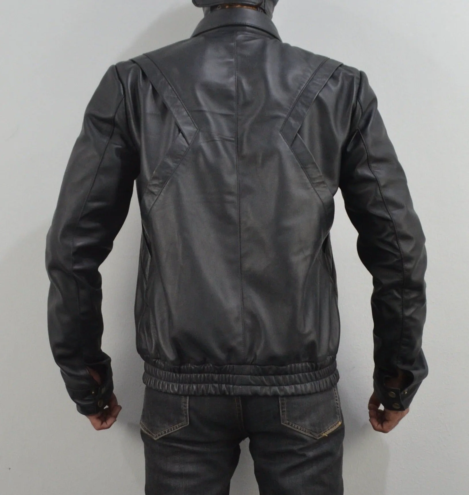 Mens Knight Rider david Hasselhoff Bomber Black Sheepskin Genuine Leather Jacket
