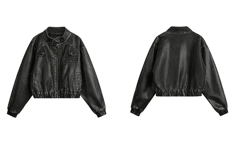 Zipper Waxed Effect Charming Bomber Faux Leather Jacket