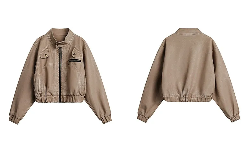 Zipper Waxed Effect Charming Bomber Faux Leather Jacket